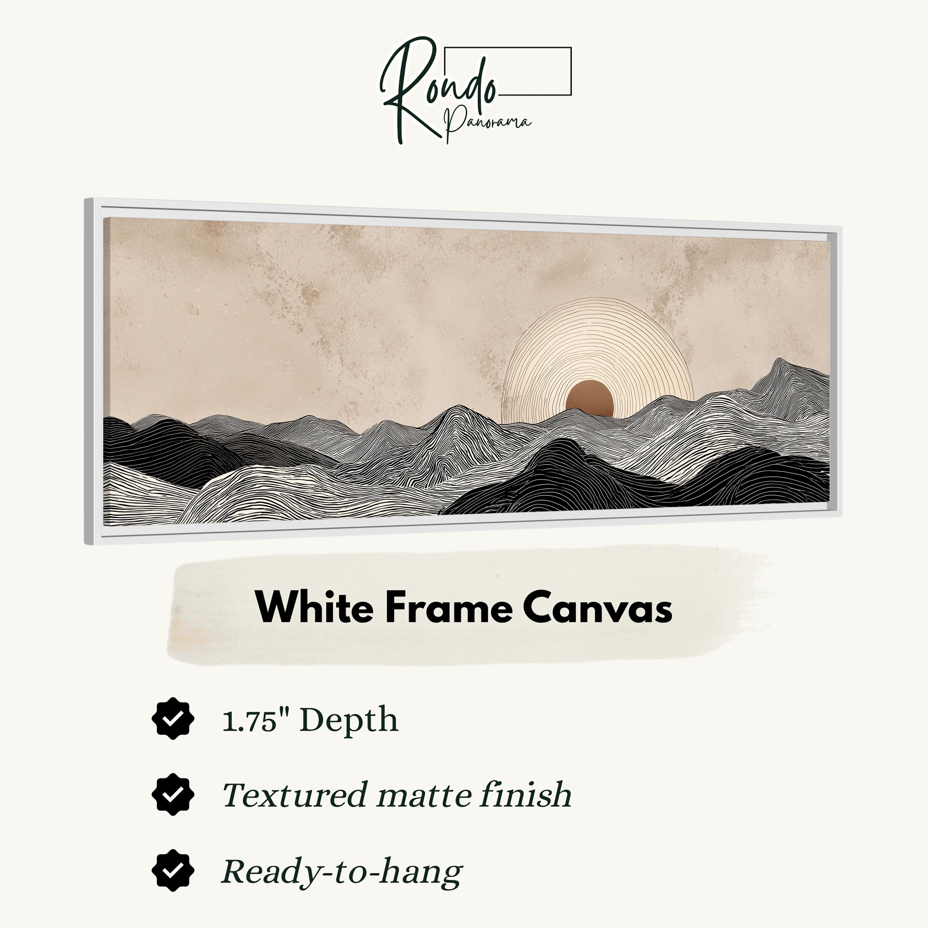 The image is a white frame canvas depicting a landscape with mountains and a sun in the sky.