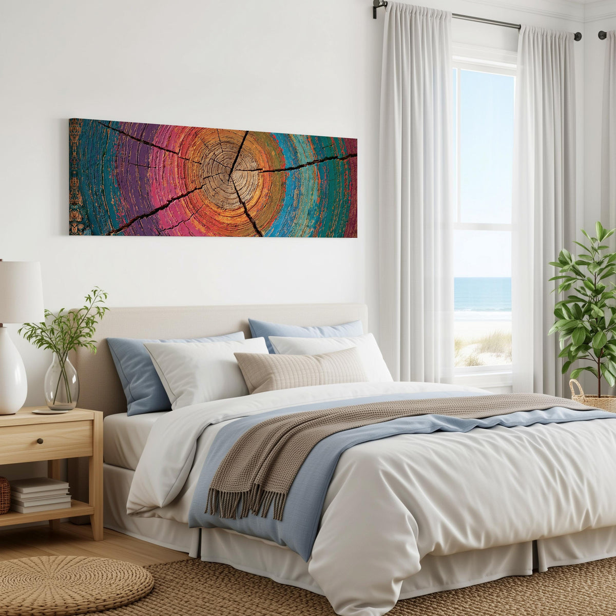 Rainbow tree ring panoramic canvas print above a bed in a coastal bedroom
