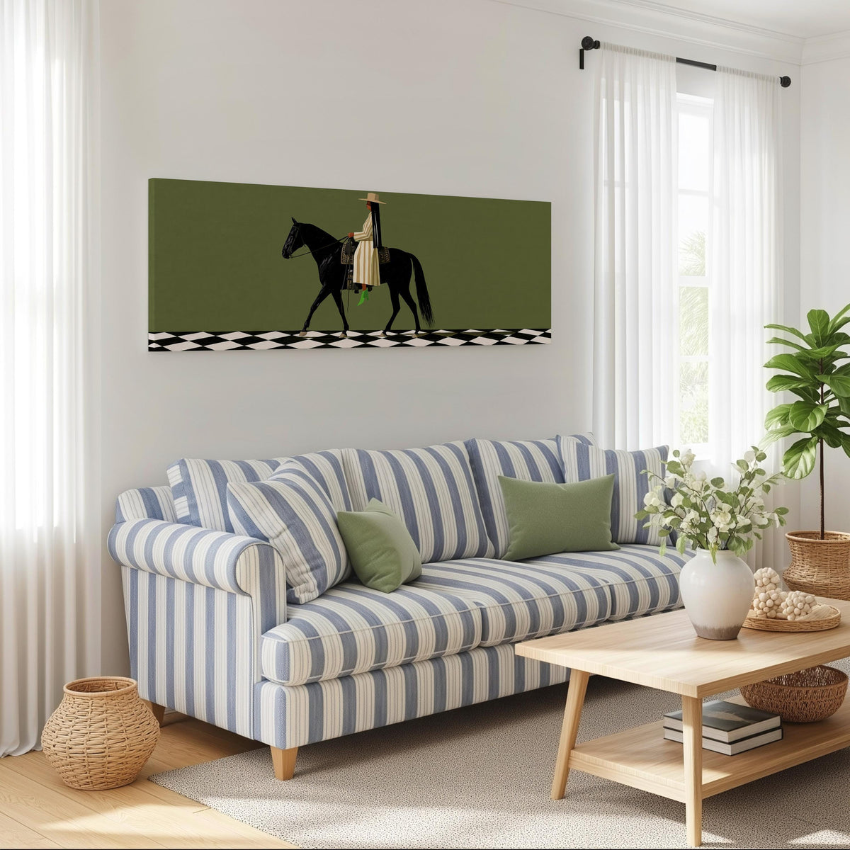 Woman riding a black horse on a checkerboard long horizontal canvas print above a striped sofa in a coastal living room