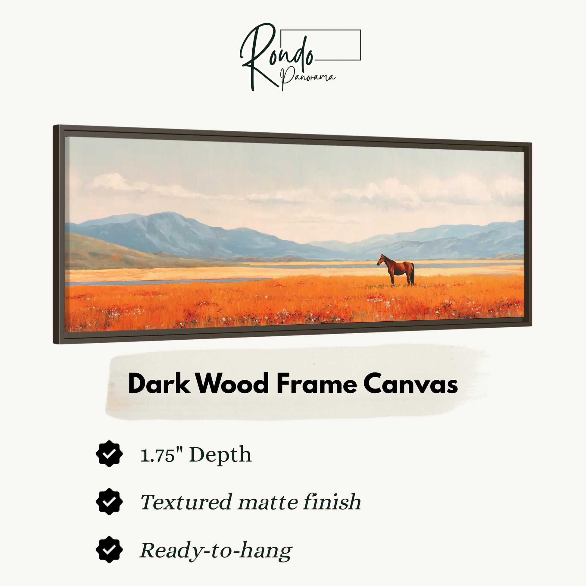 The image is a framed painting depicting a horse standing in a field with mountains in the background.