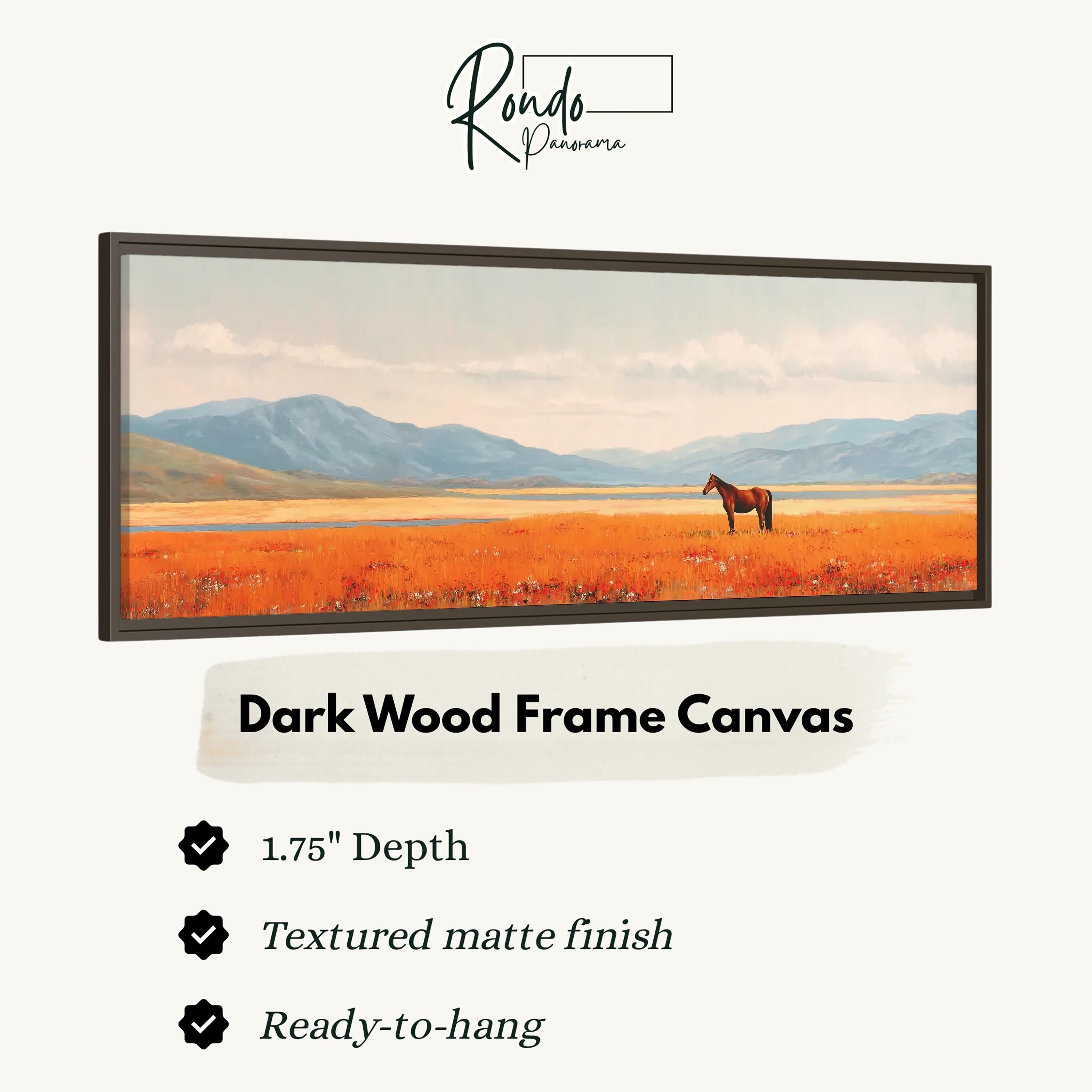 The image is a framed painting depicting a horse standing in a field with mountains in the background.