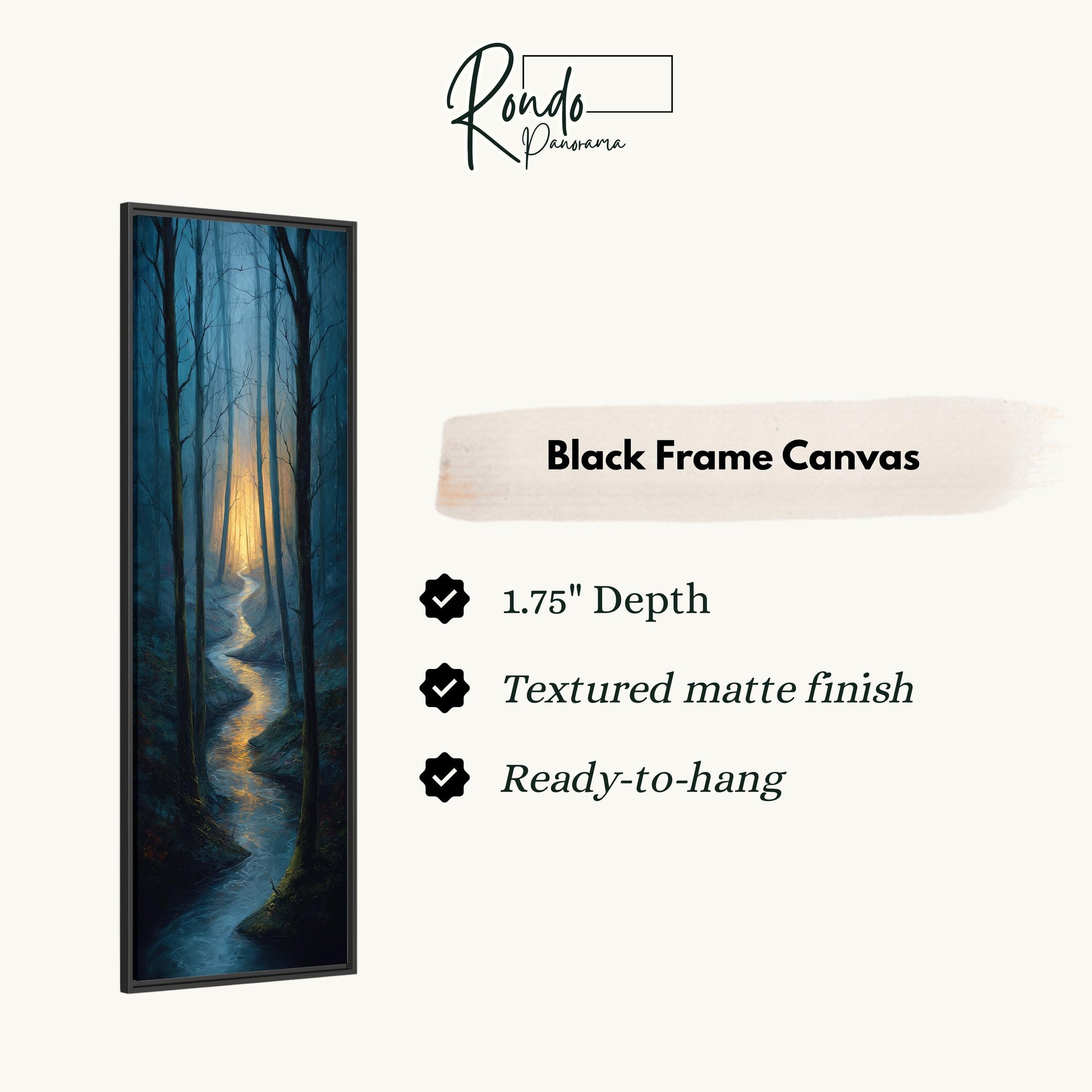 The image is a black frame canvas depicting a forest scene with a winding path leading through the trees.