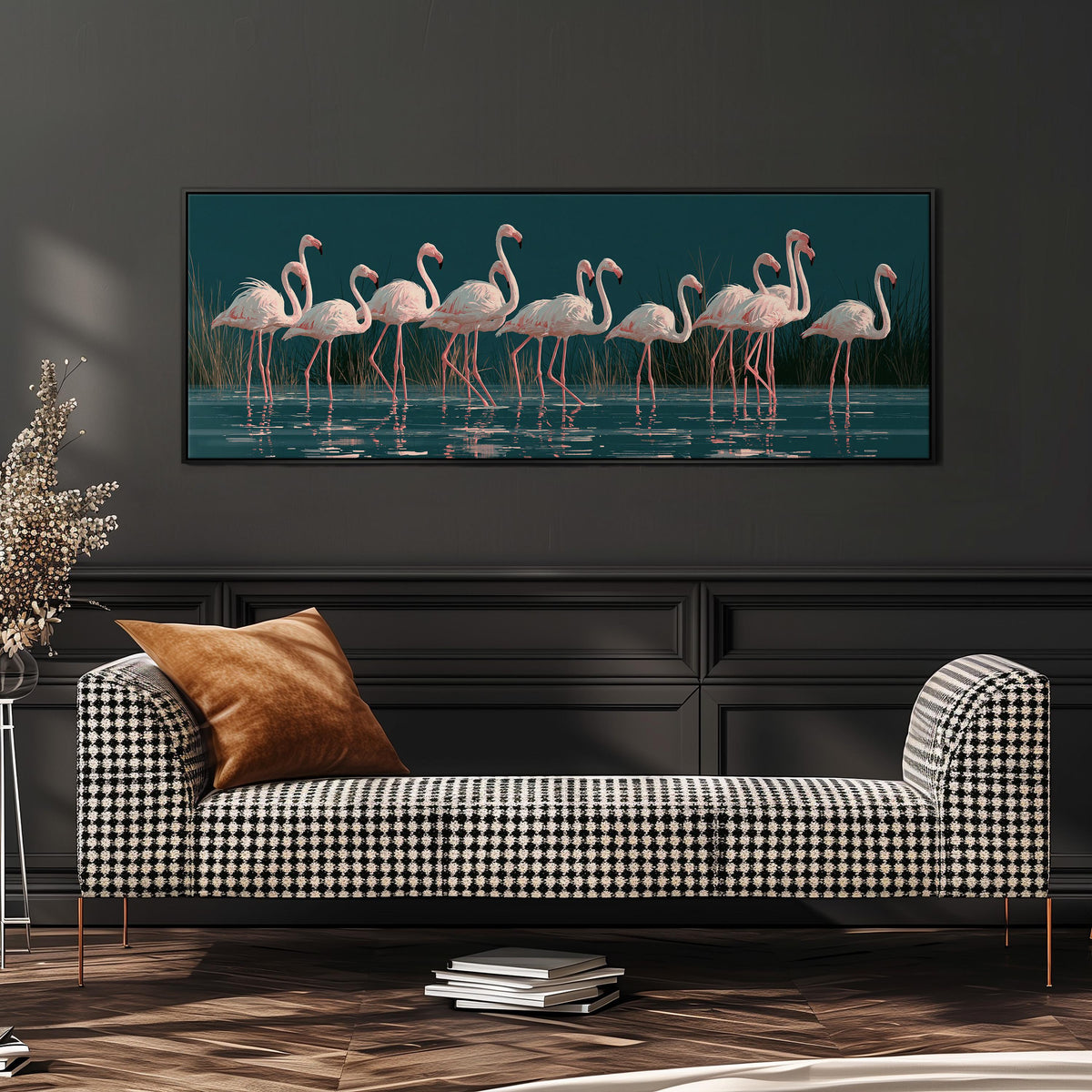 Blush pink flamingos on dark teal water wide panoramic canvas print above a bench in a dark living room