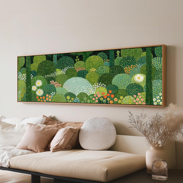 Whimsical dotted topiary garden long horizontal canvas print above a sofa in a living room