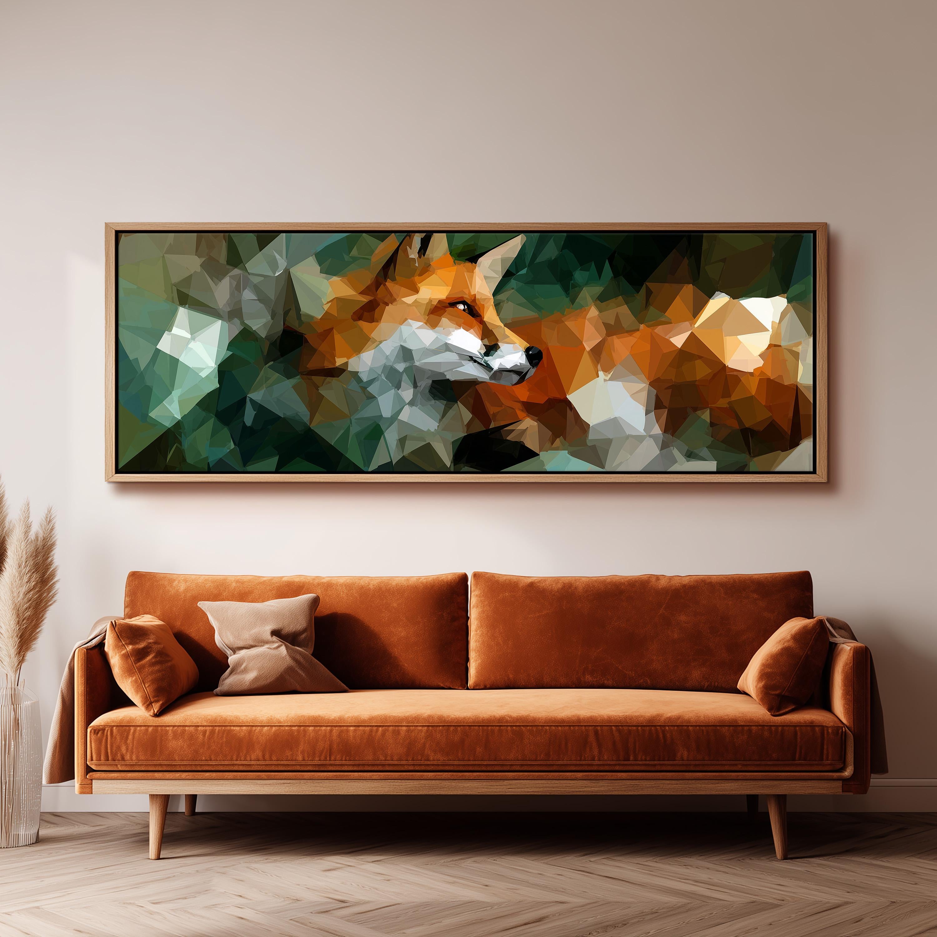 a large, abstract painting of a fox on the wall above a brown sofa in a living room setting.
