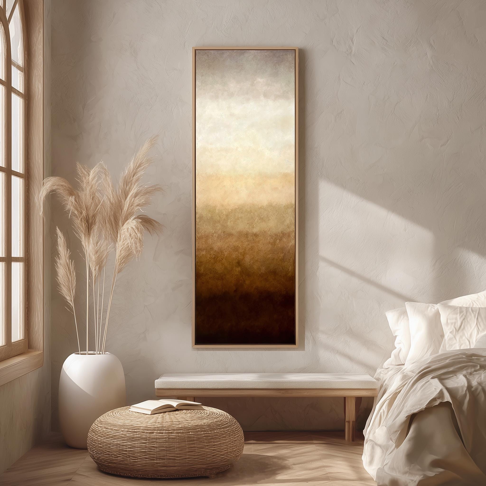 a serene and minimalist bedroom interior, featuring a large window, a painting on the wall, a white bed with a white pillow, a white ottoman, and a potted plant.