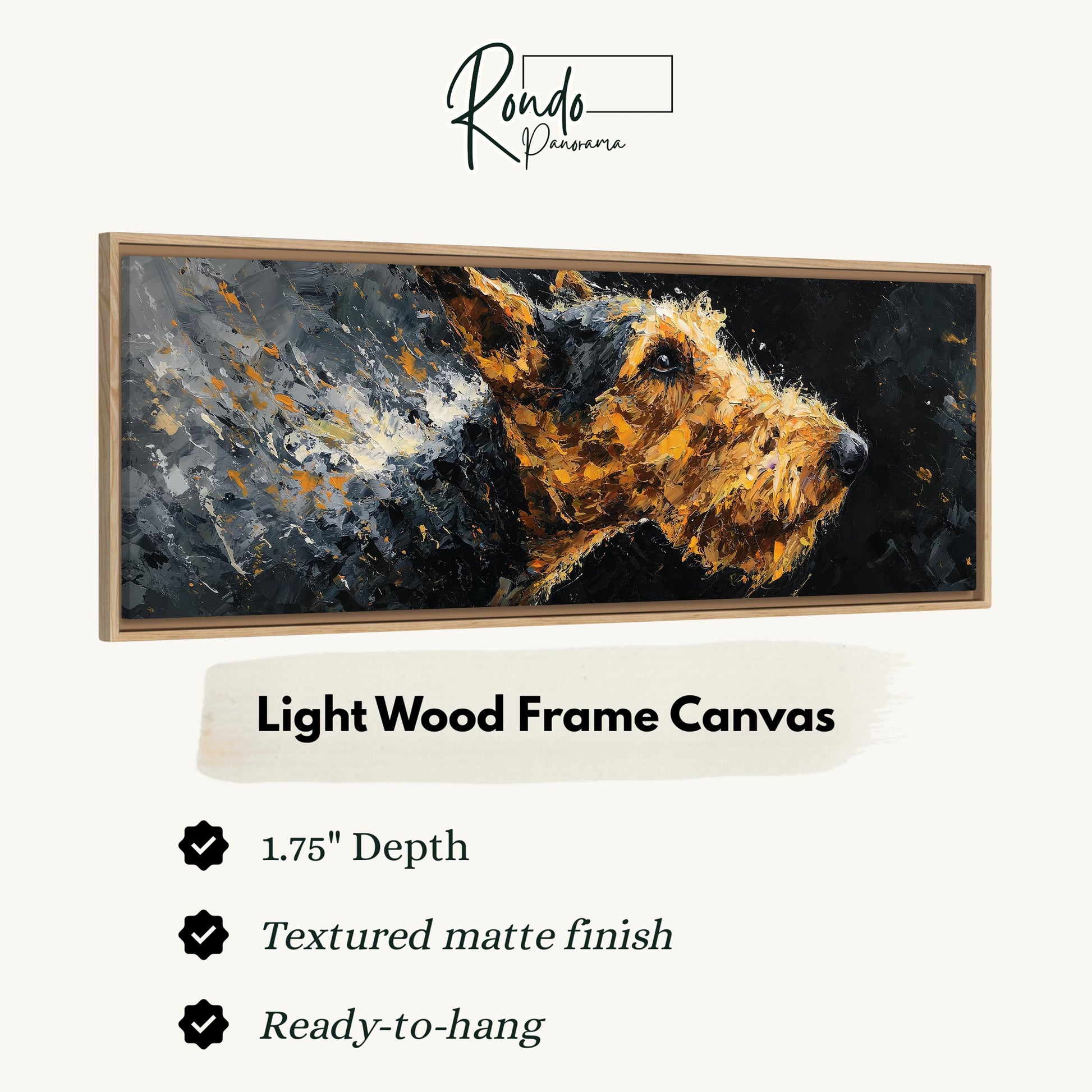 The image is a framed artwork depicting a close-up of a dog's head, with a textured finish and a light wood frame.