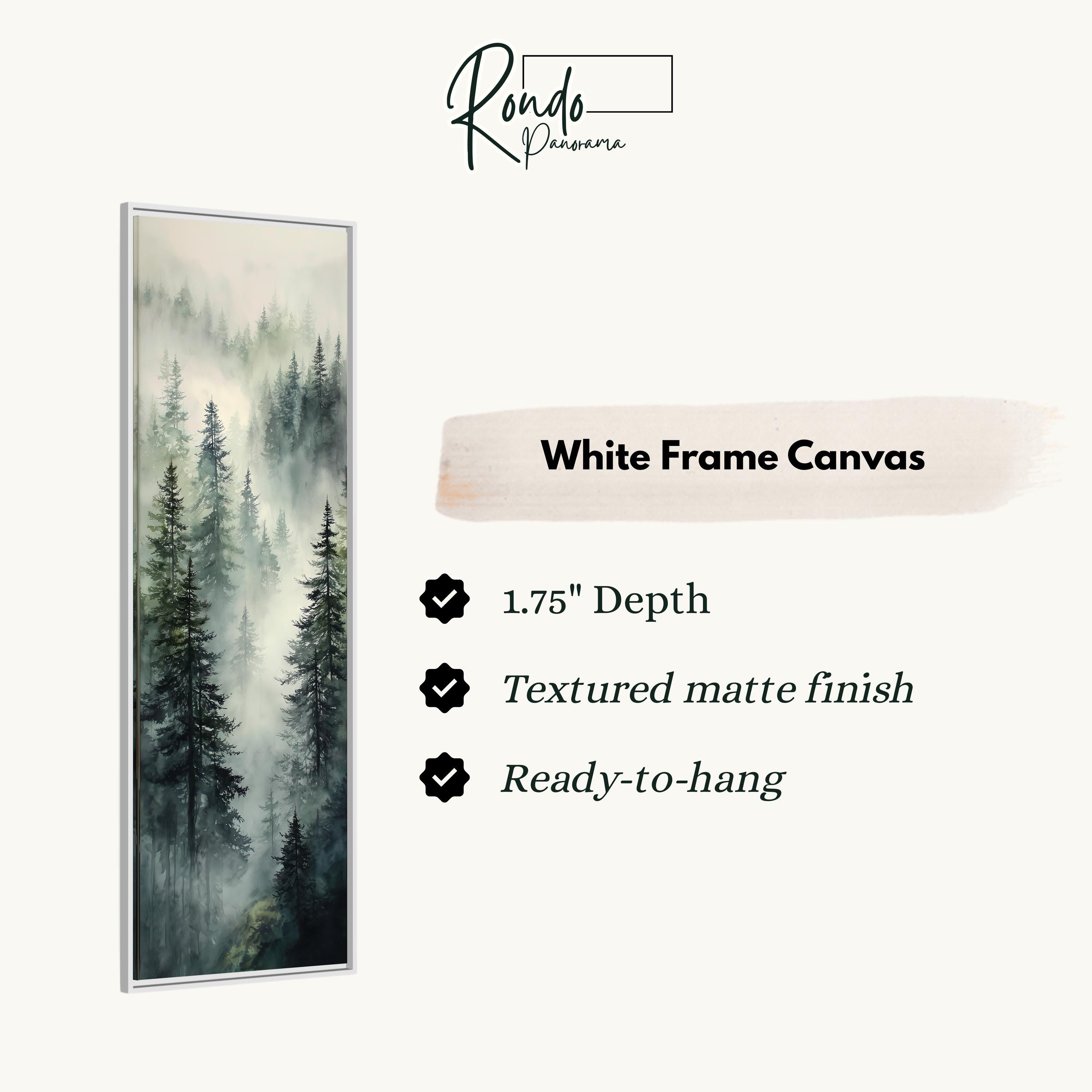 The image is a white frame canvas depicting a forest scene with misty trees.