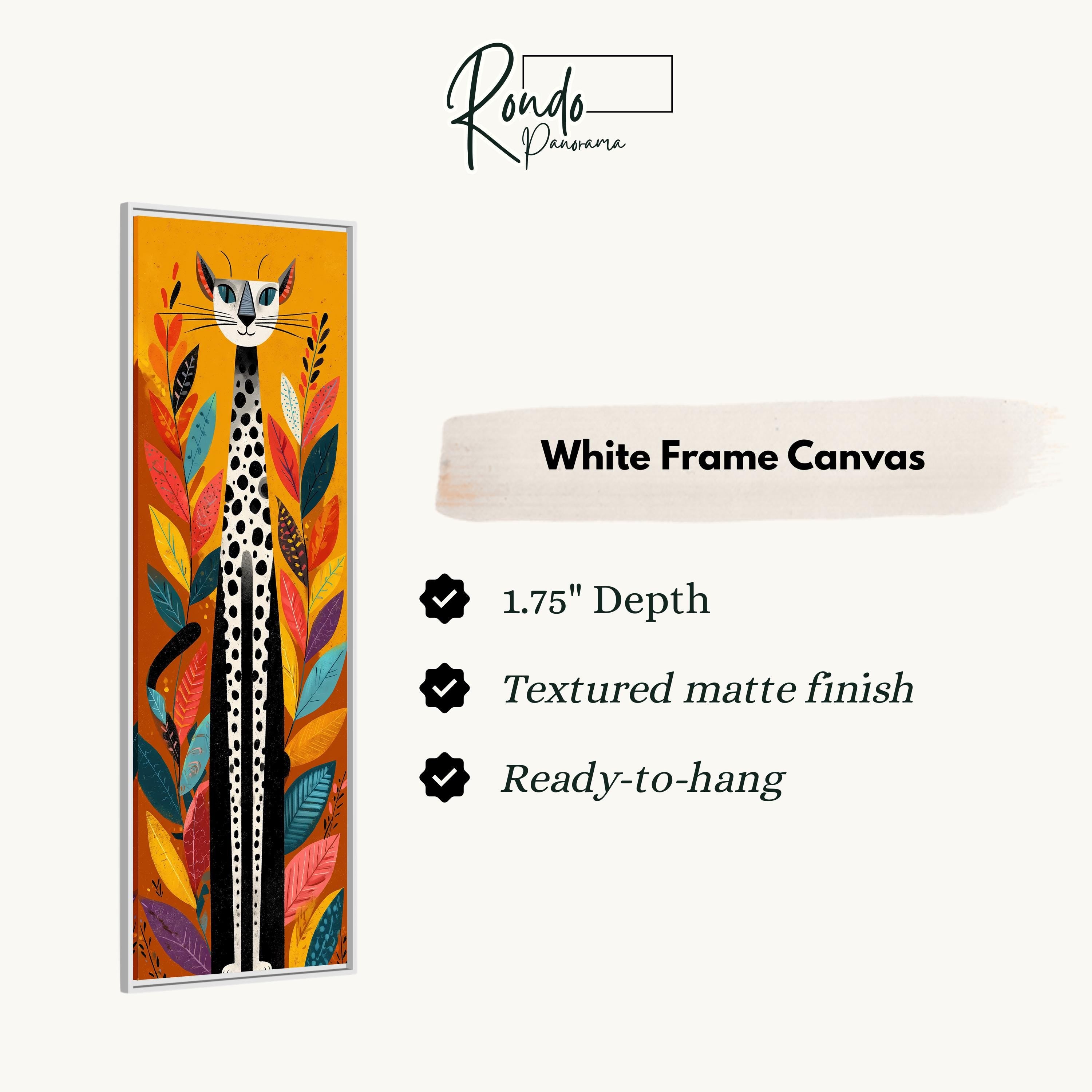 The image is a white frame canvas featuring a giraffe surrounded by colorful leaves and flowers.