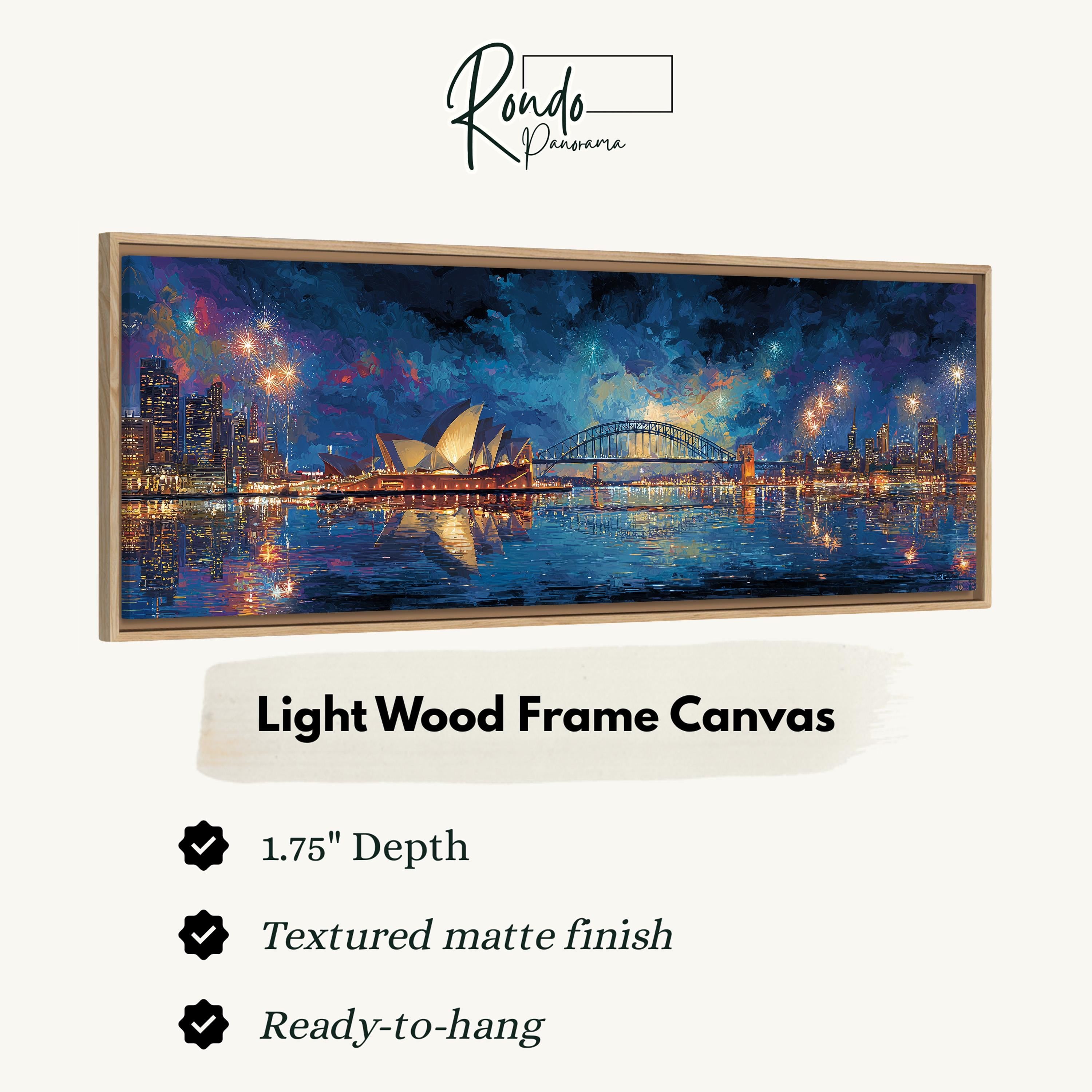 The image is a framed canvas depicting the Sydney Opera House at night, with a city skyline in the background.