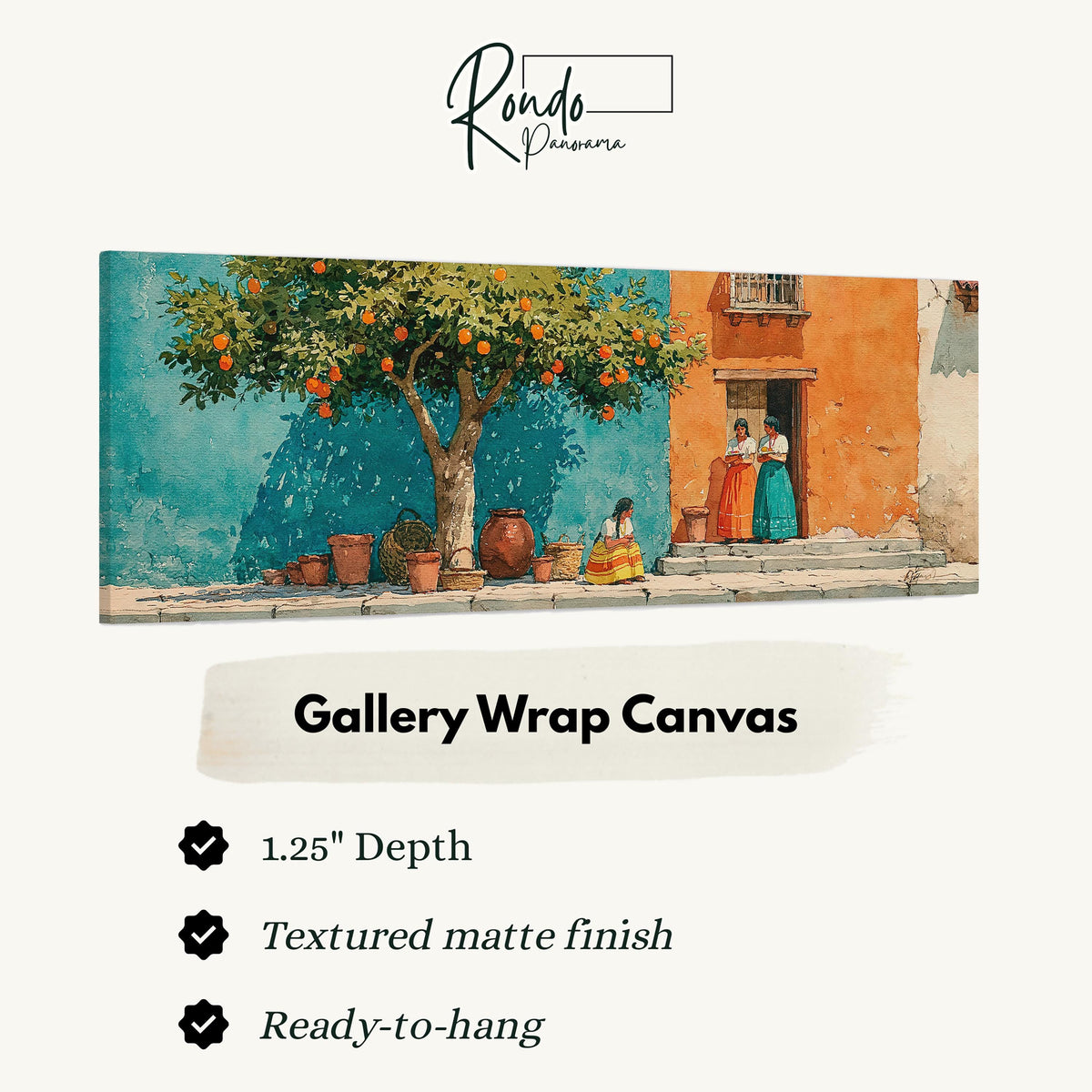 Orange tree on a colorful village street gallery wrap canvas with the image wrapped around the edges