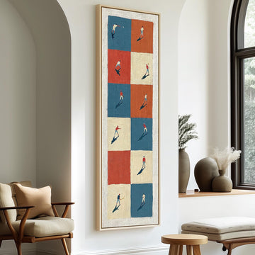 Baseball players on a color block grid long vertical canvas print in a sunlit living space