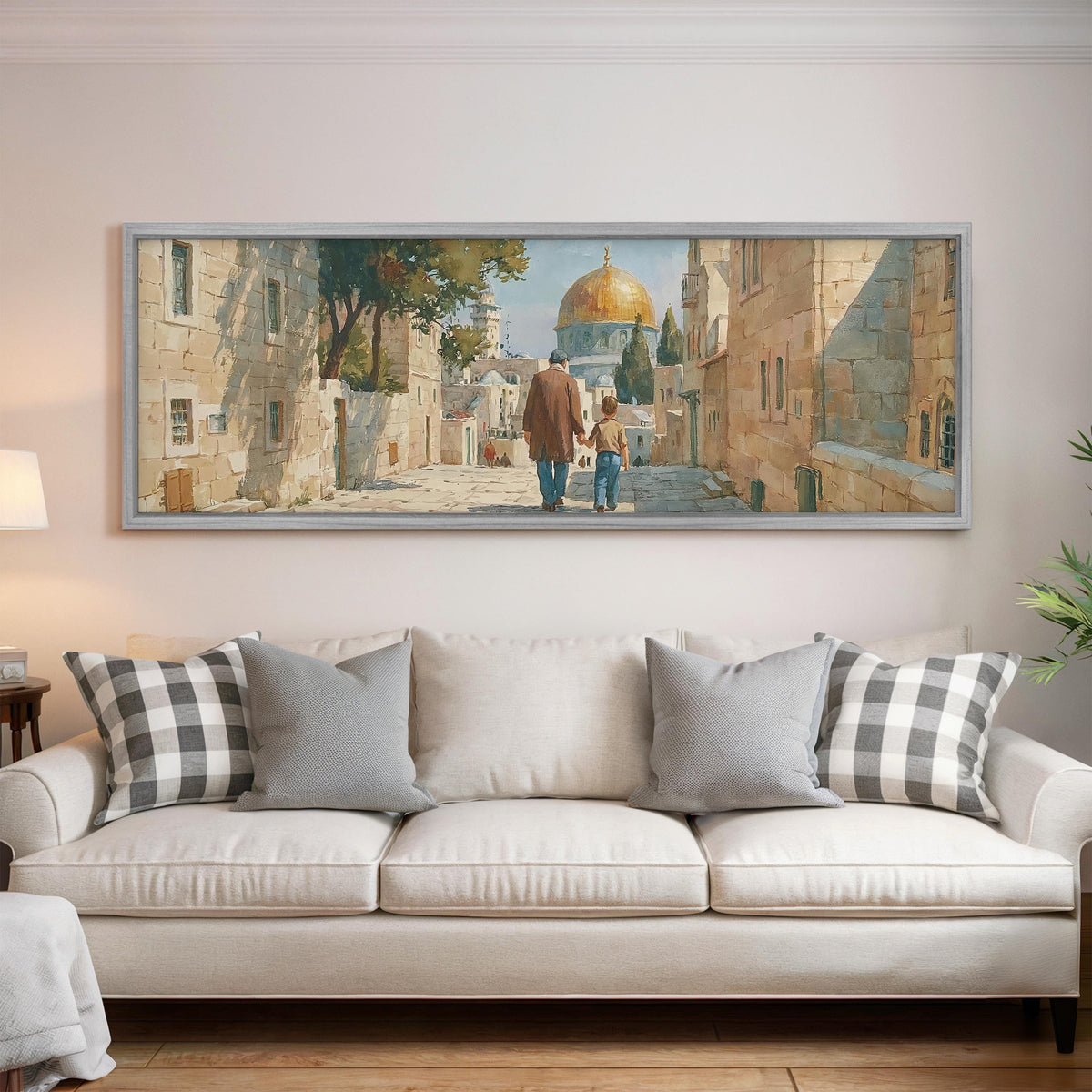 Jerusalem old city street with the golden dome panoramic canvas print above a white sofa in a bright living room