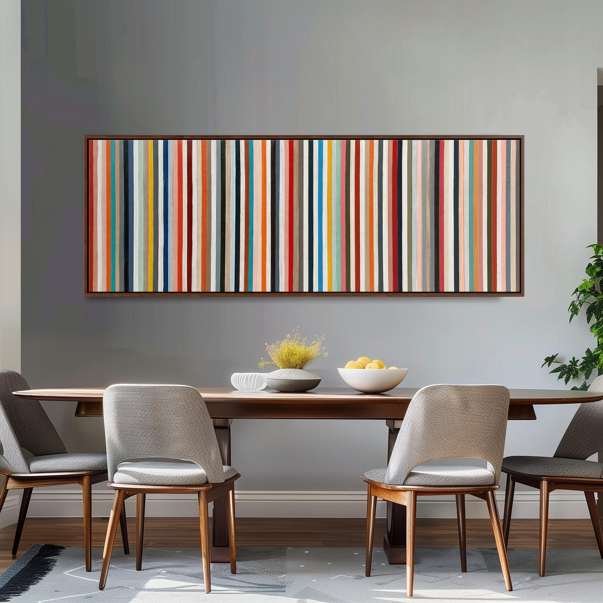 Rainbow pinstripes long horizontal canvas print above a dining table