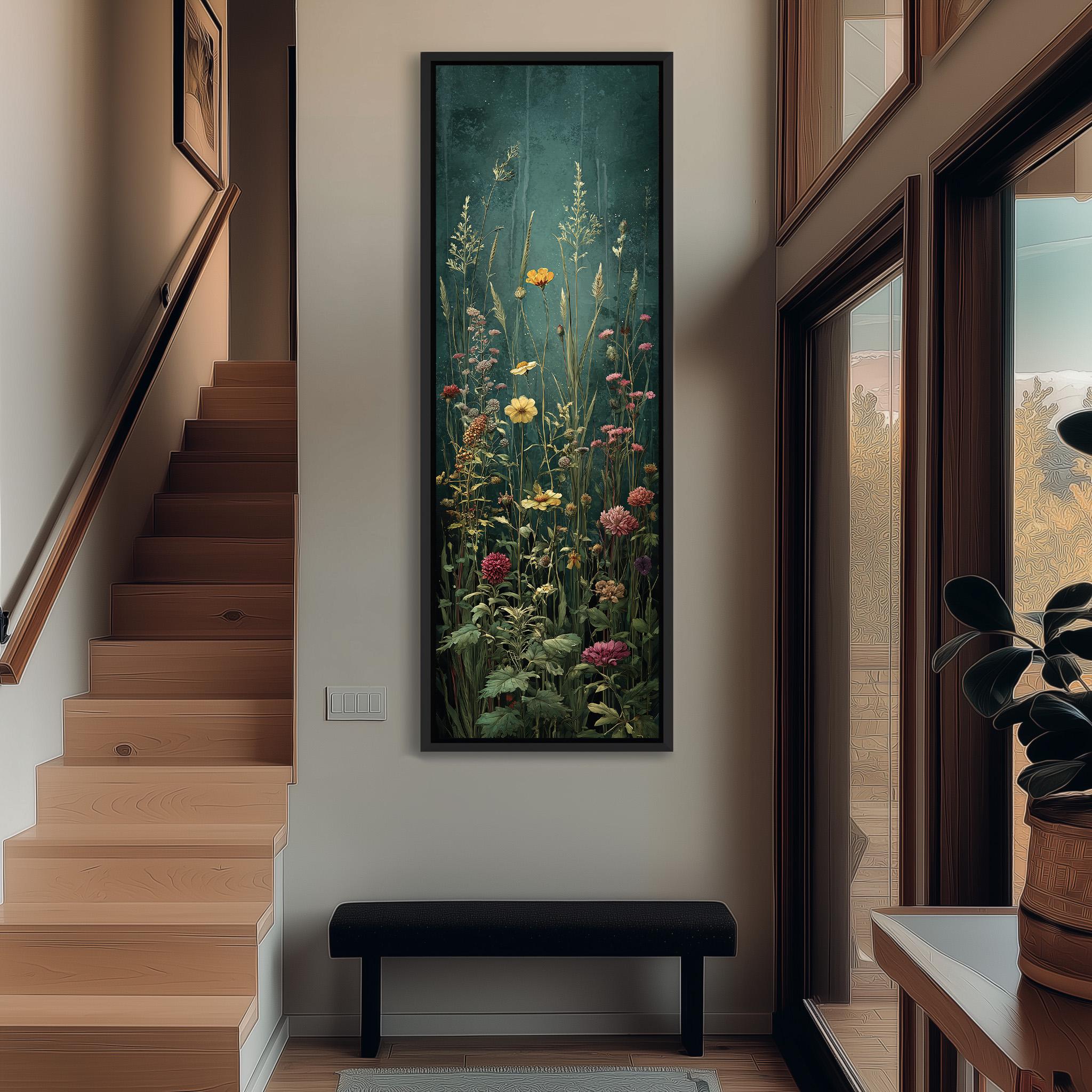 a large, colorful painting of flowers hanging on the wall of a hallway. The painting is framed and appears to be the focal point of the space. The hallway has wooden stairs leading up to it, and there is a bench in the foreground. The overall atmosphere of the image is bright and inviting, with the vibrant colors of the painting adding a lively touch to the space.
