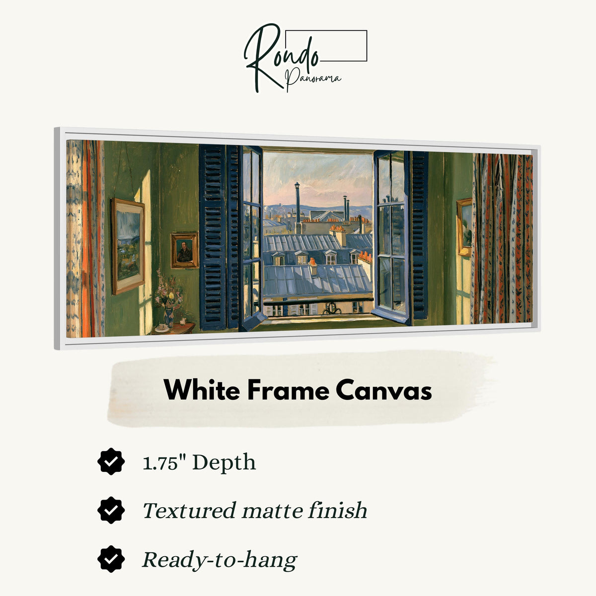 Paris zinc rooftops seen through a green room window canvas print in a white floating frame