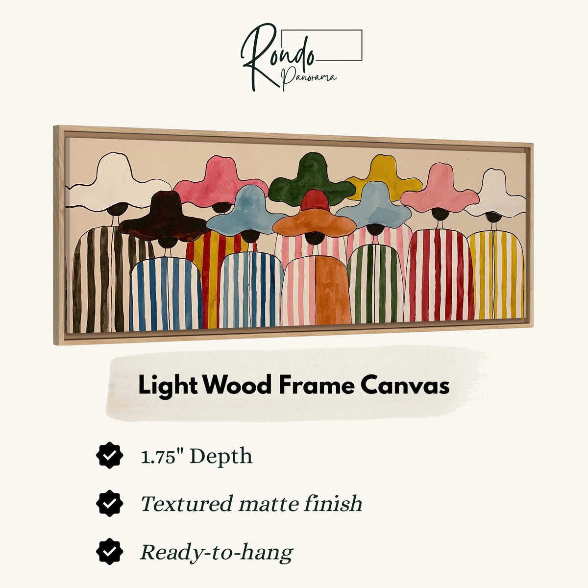 Crowd of figures in colorful sun hats canvas print in a light wood floating frame