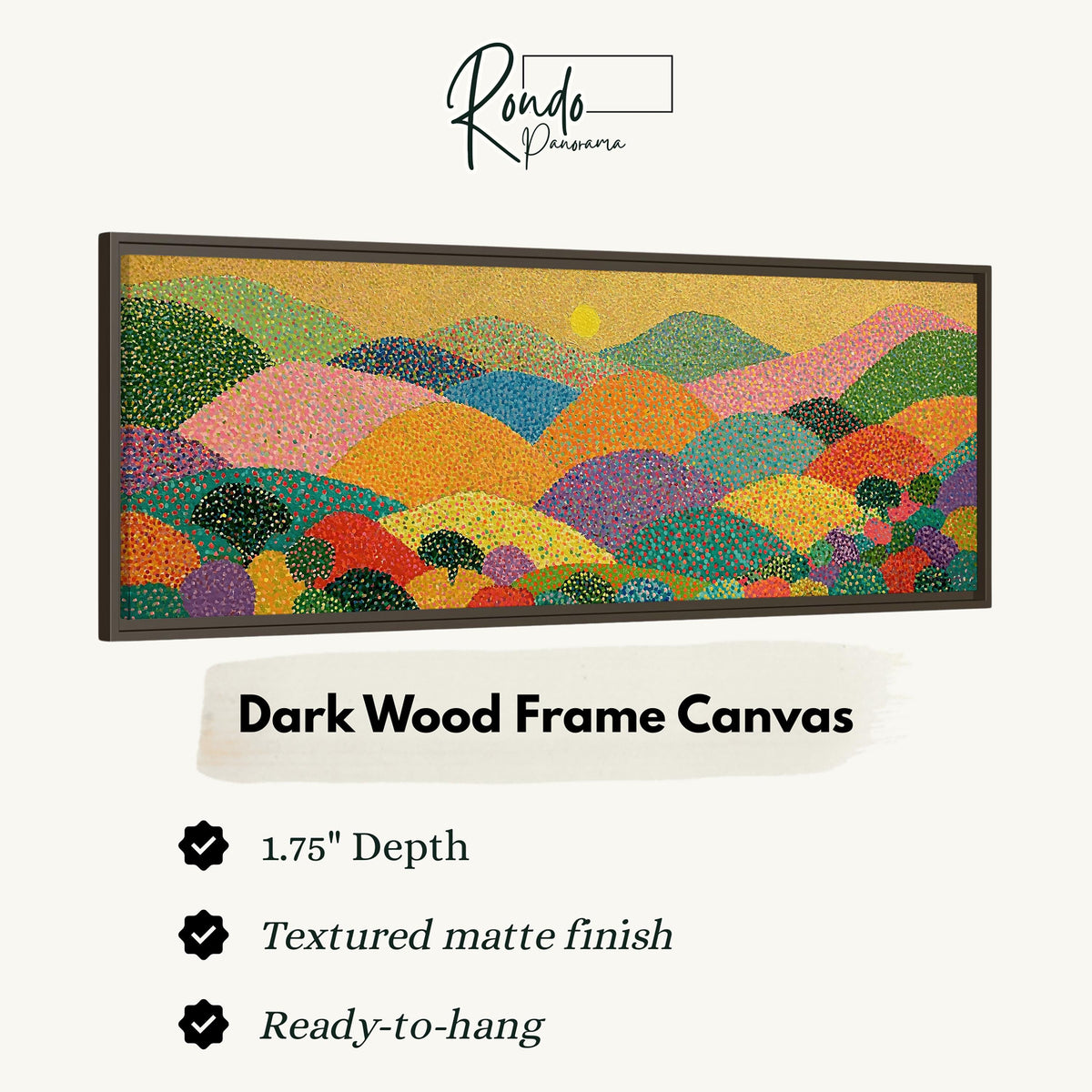 Dotted rainbow hills at sunset canvas print in a dark wood floating frame