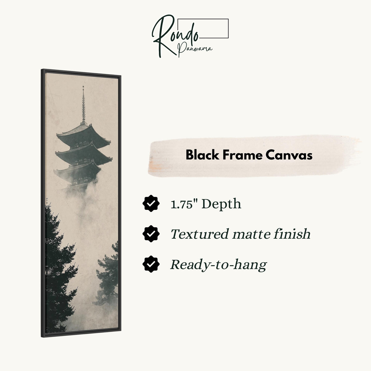 Pagoda rising through fog and pines canvas print in a black floating frame