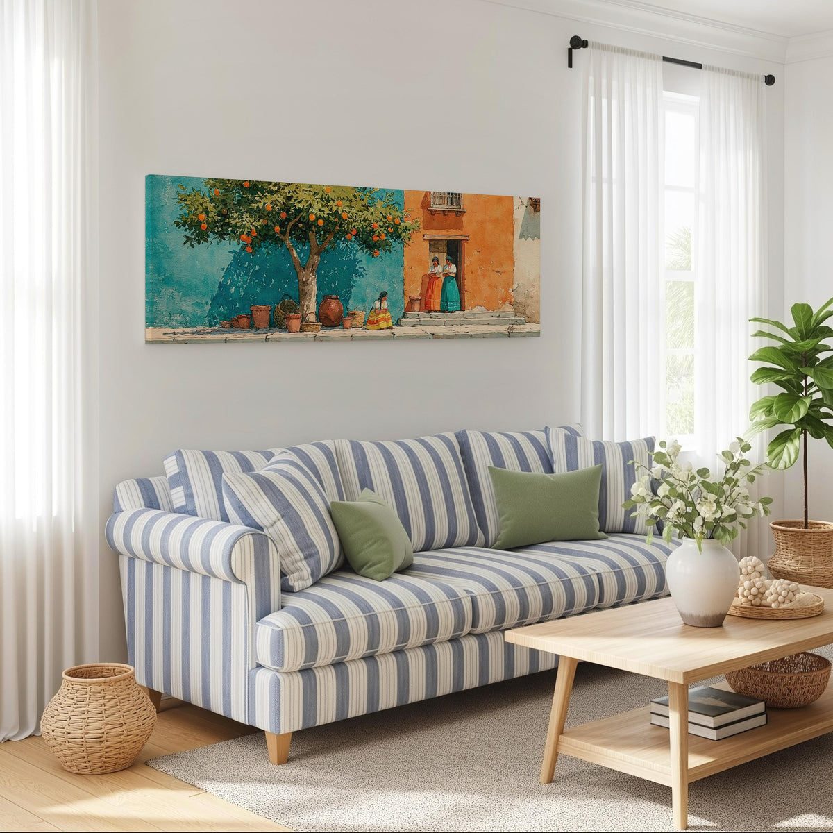 Orange tree on a colorful village street long horizontal canvas print above a striped sofa in a coastal living room