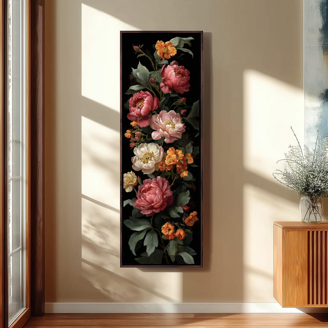 a large floral painting hanging on a wall, depicting a vibrant arrangement of pink and white flowers with orange accents.