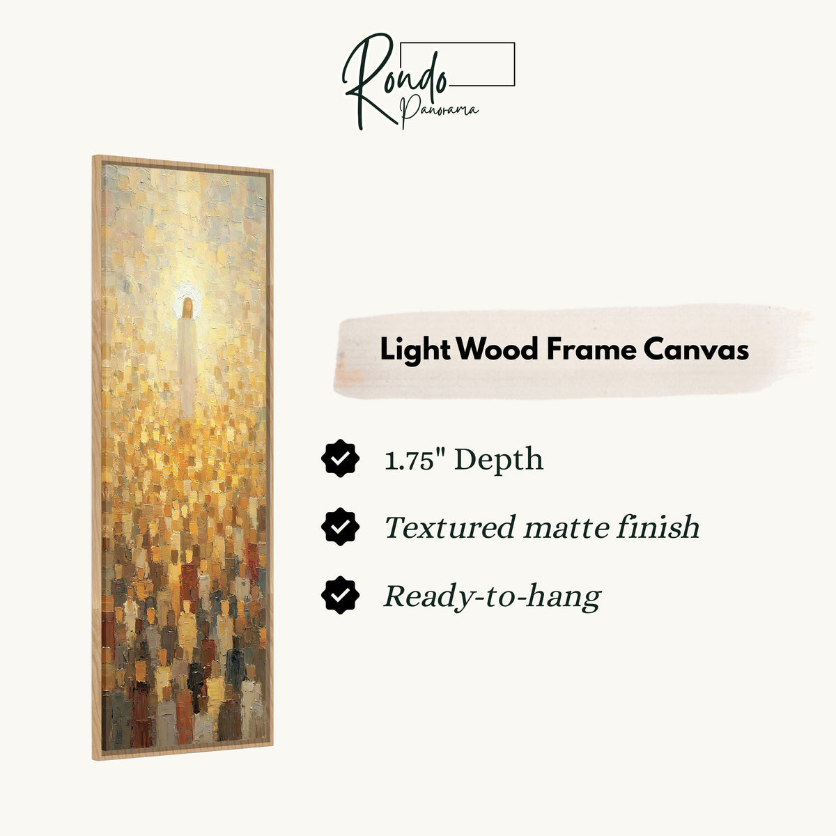 Jesus glowing above a golden crowd canvas print in a light wood floating frame