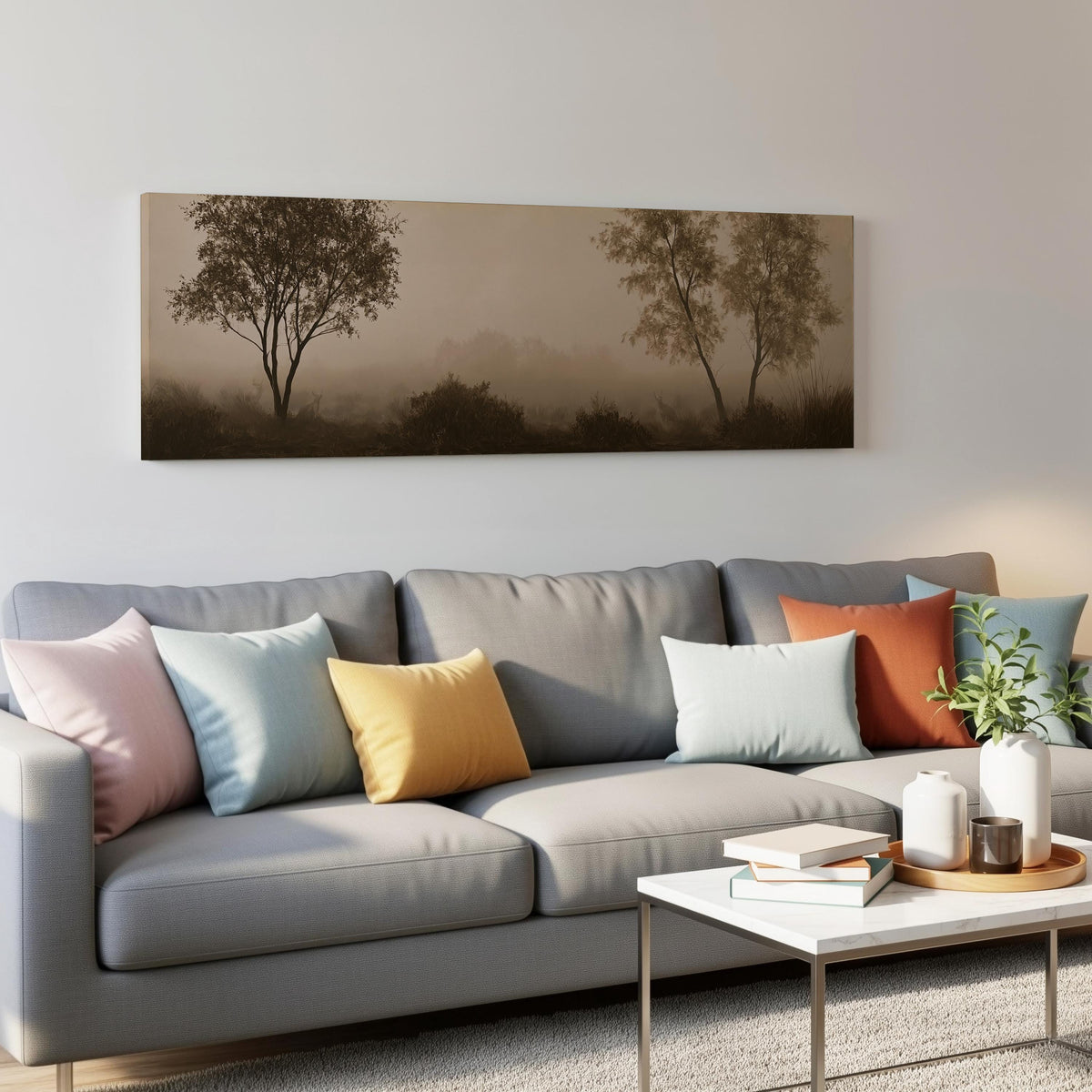 Two trees in sepia fog panoramic canvas print above a grey sofa in a living room