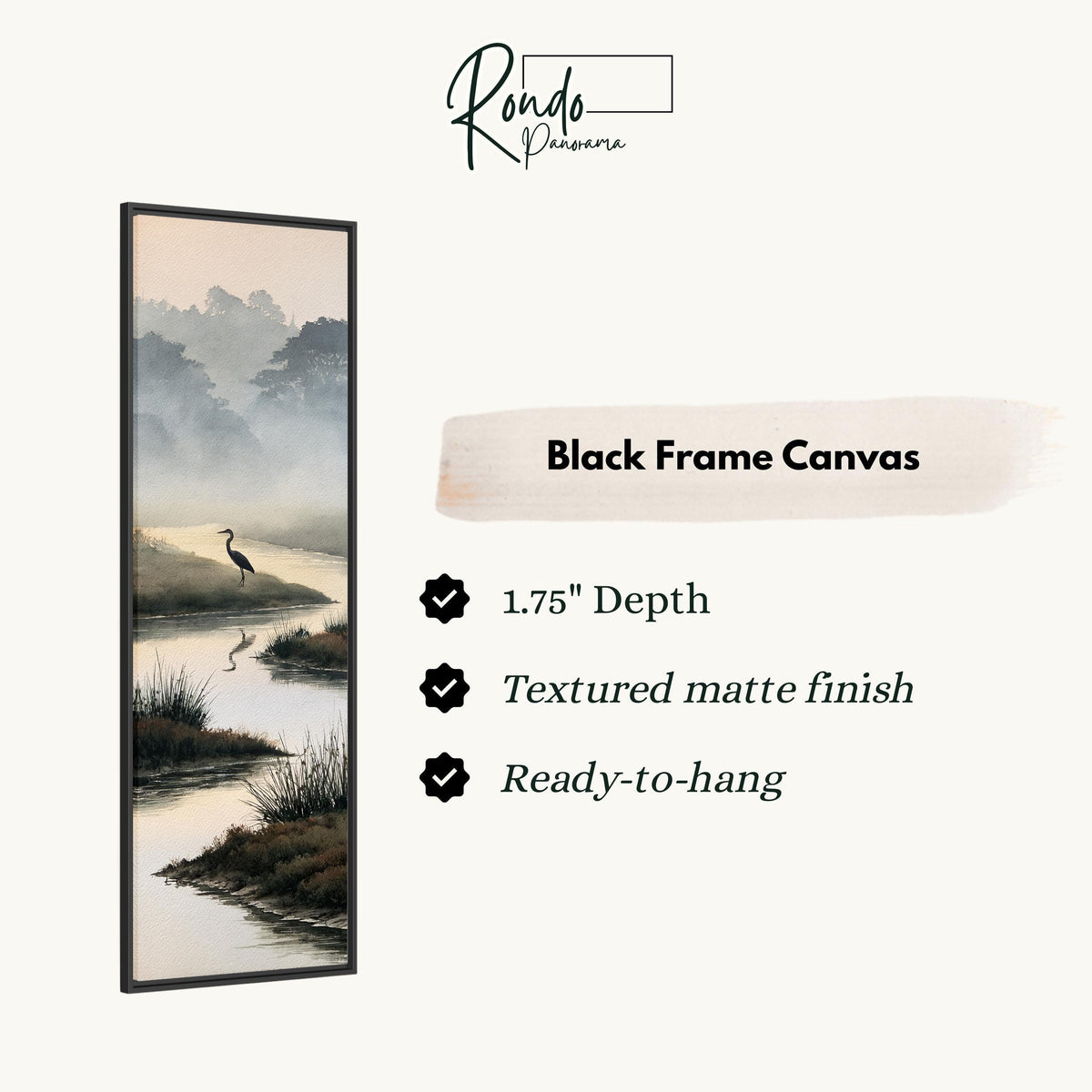 Heron in a misty wetland stream canvas print in a black floating frame