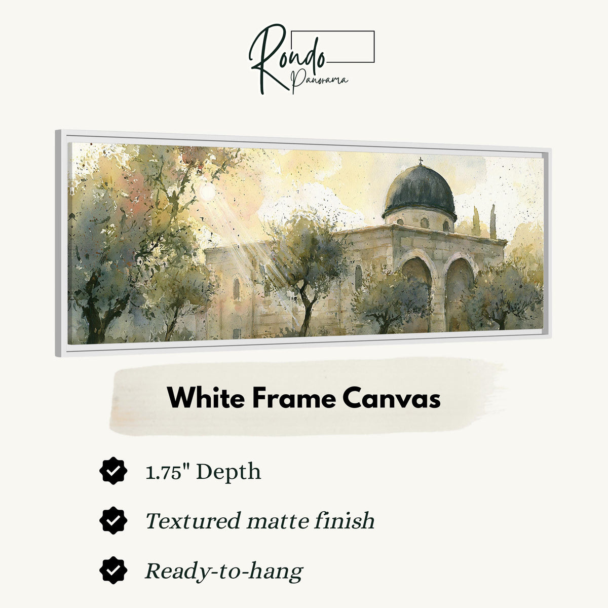 Sunlit dome in an olive grove canvas print in a white floating frame