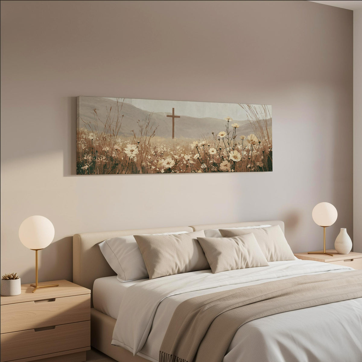 Wooden cross in a cream wildflower field wide panoramic canvas print above a bed in a neutral bedroom