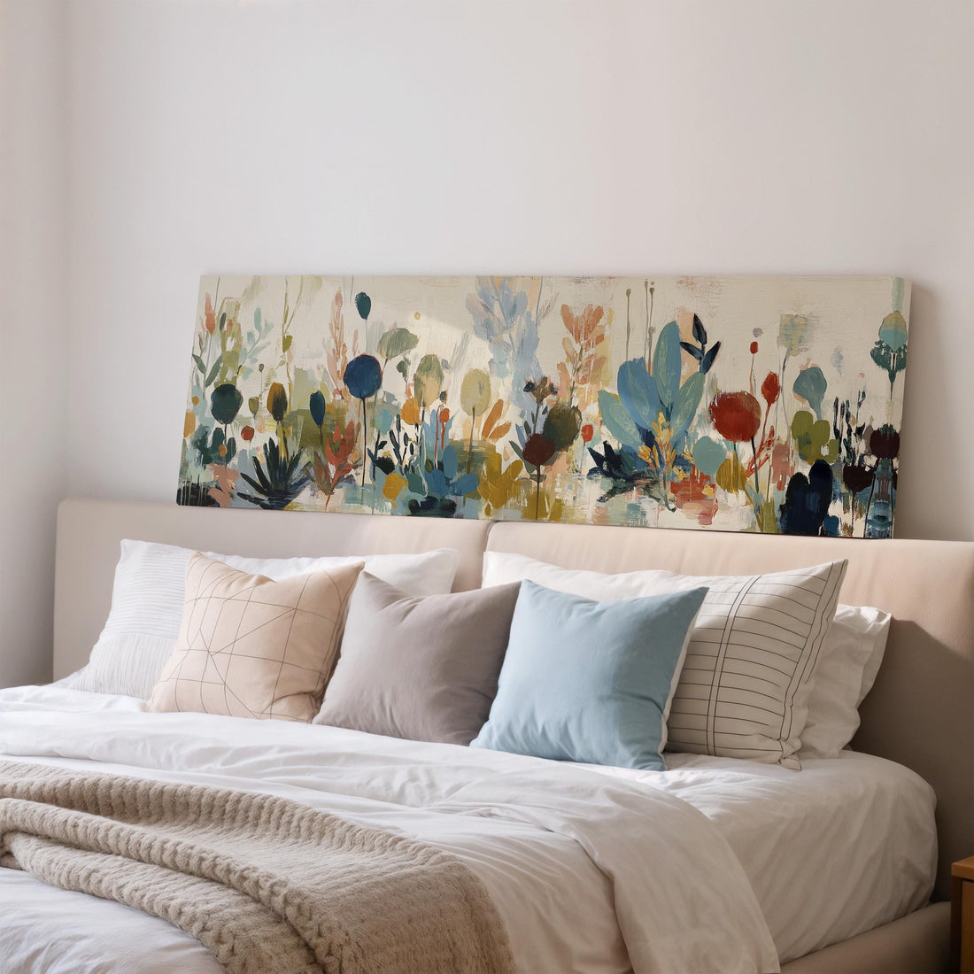 a large, colorful painting of flowers hanging on a wall above a brown sofa with orange cushions.