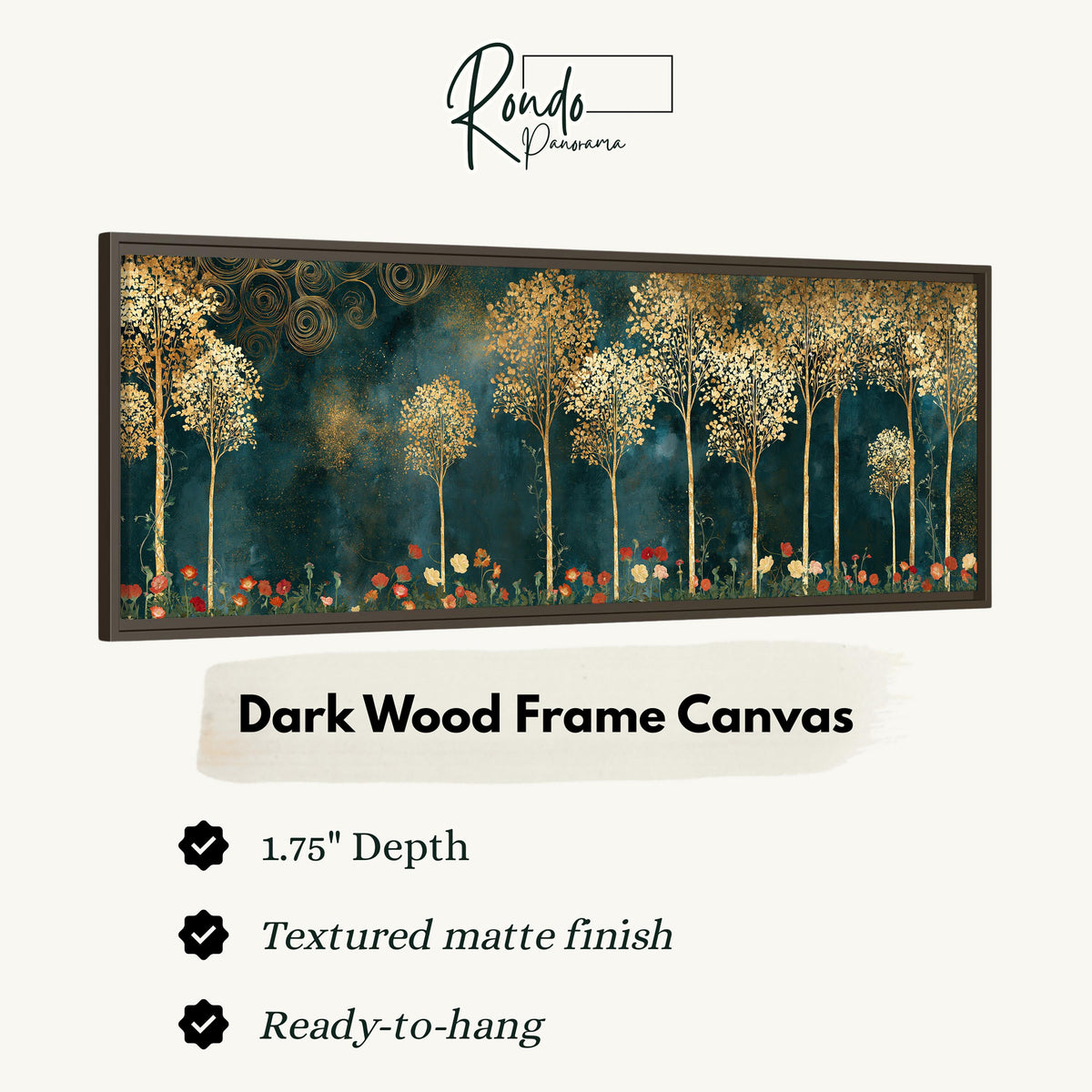 Gold leaf trees above red poppies on teal canvas print in a dark wood floating frame