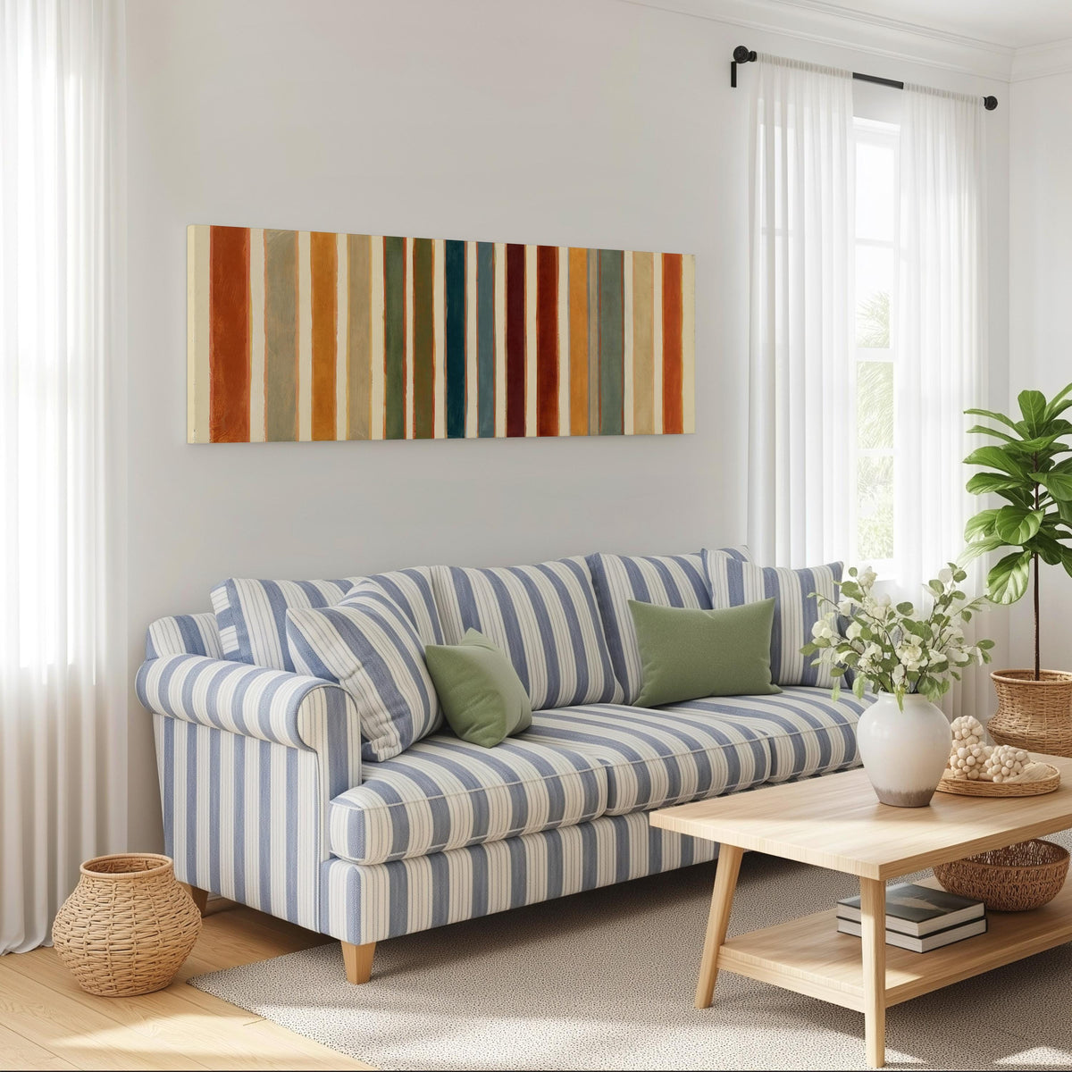 Rust, sage, maroon and teal stripes long horizontal canvas print above a striped sofa in a coastal living room