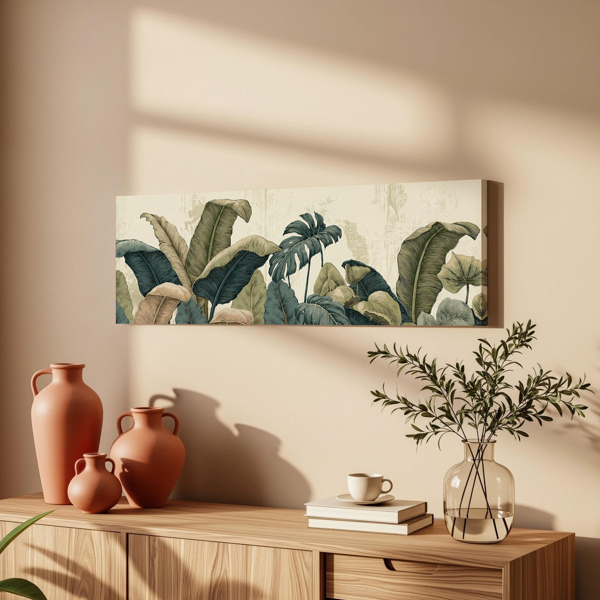 Vintage tropical leaves long horizontal canvas print above a wooden sideboard