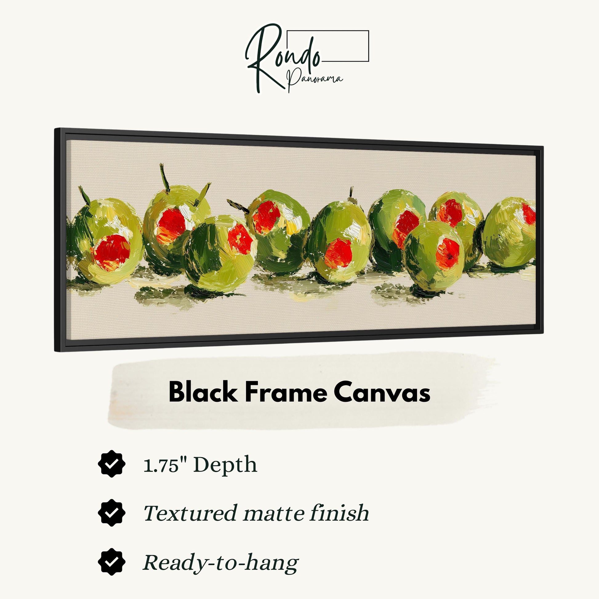 The image is a black frame canvas featuring a painting of green olives with red centers.