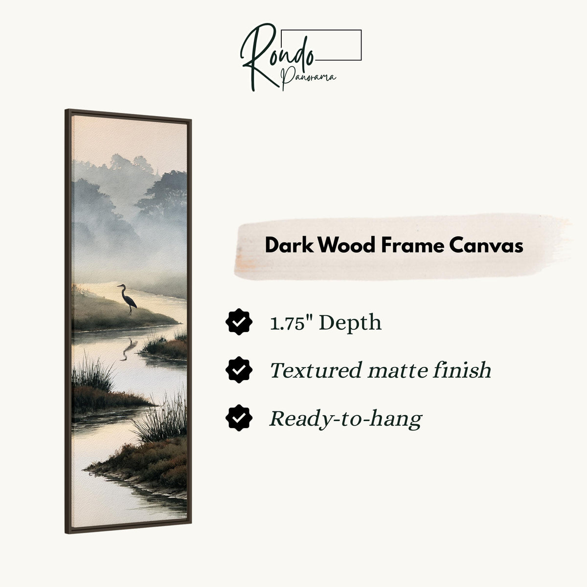 Heron in a misty wetland stream canvas print in a dark wood floating frame