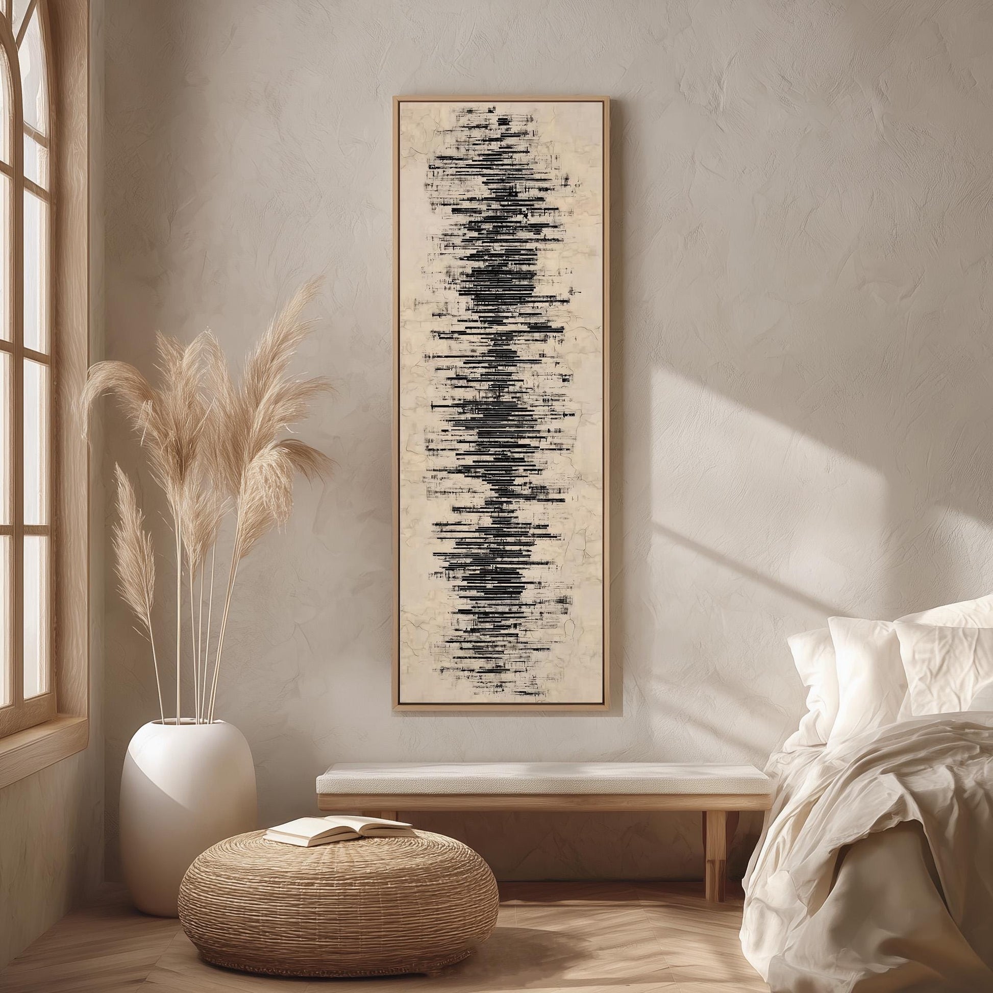 a serene and minimalist bedroom with a large abstract painting on the wall, a white bed with a white pillow, a white vase with tall potted plants, and a woven ottoman.