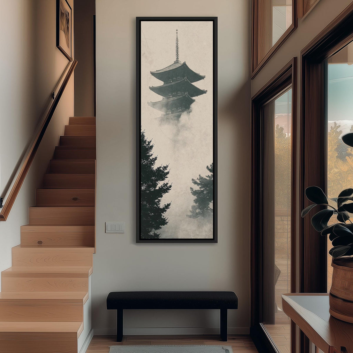 Pagoda rising through fog and pines tall narrow canvas print beside a staircase in an entryway