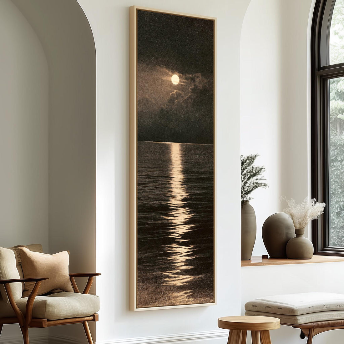 Moonlight reflecting on a dark sepia ocean long vertical canvas print in a sunlit living space