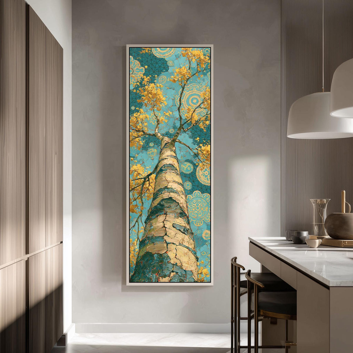 Golden birch tree rising into a mandala sky tall skinny canvas print in a modern kitchen