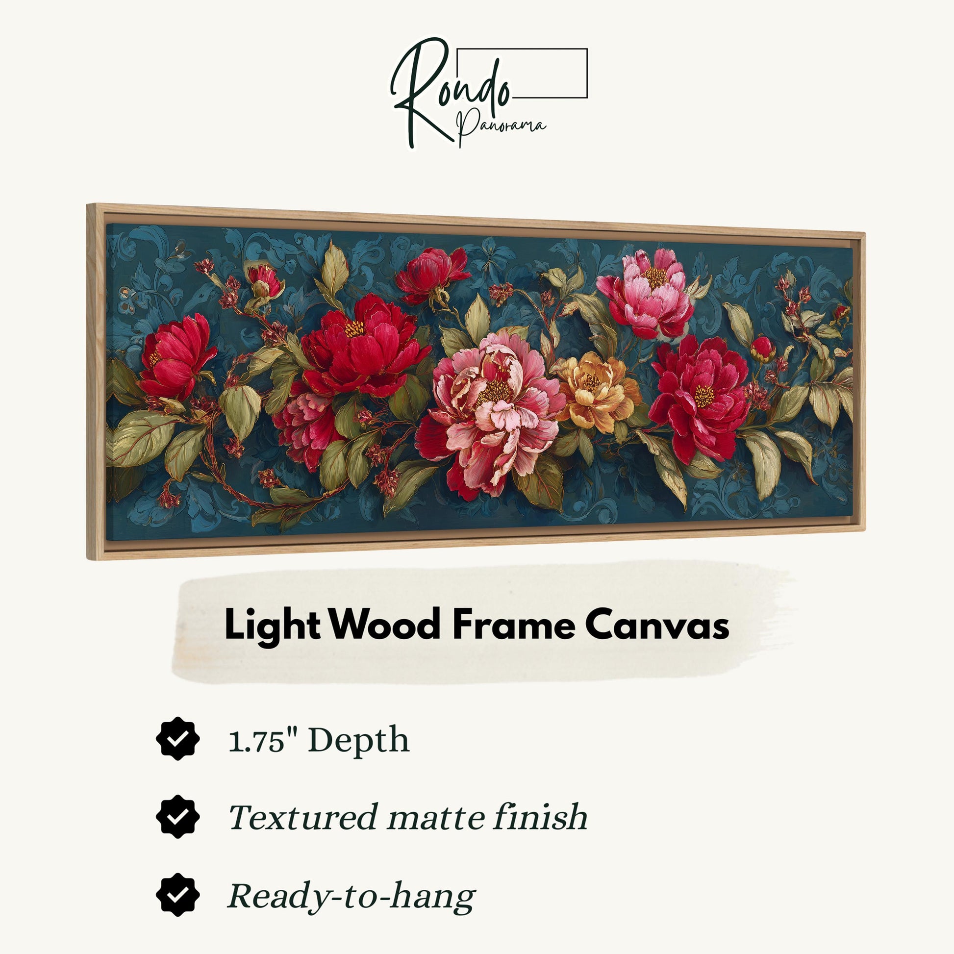 a light wood frame canvas with a floral design of red and pink flowers against a dark blue background.