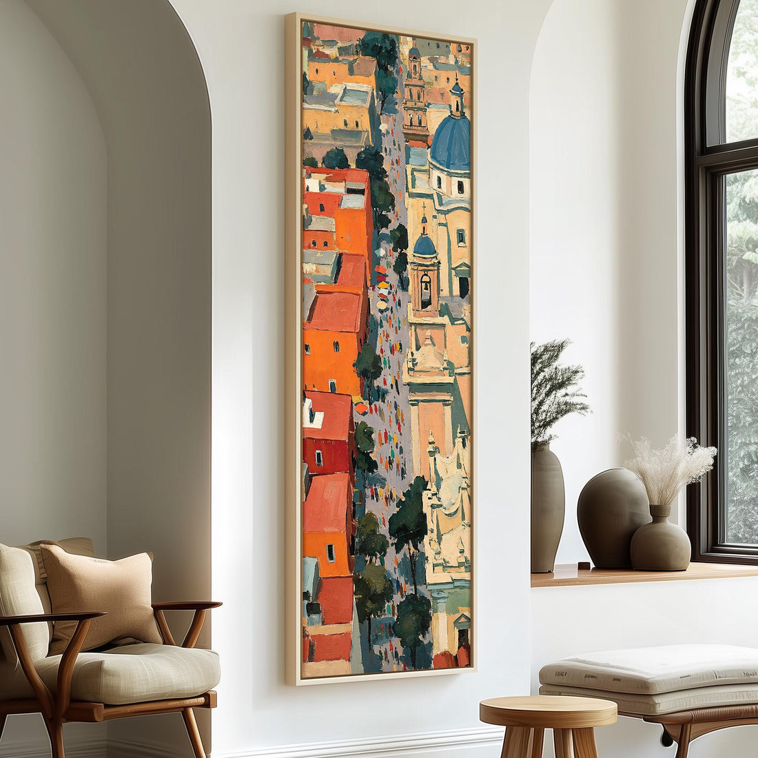 Procession through a colorful old town seen from above long vertical canvas print in a sunlit living space