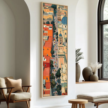 Procession through a colorful old town seen from above long vertical canvas print in a sunlit living space