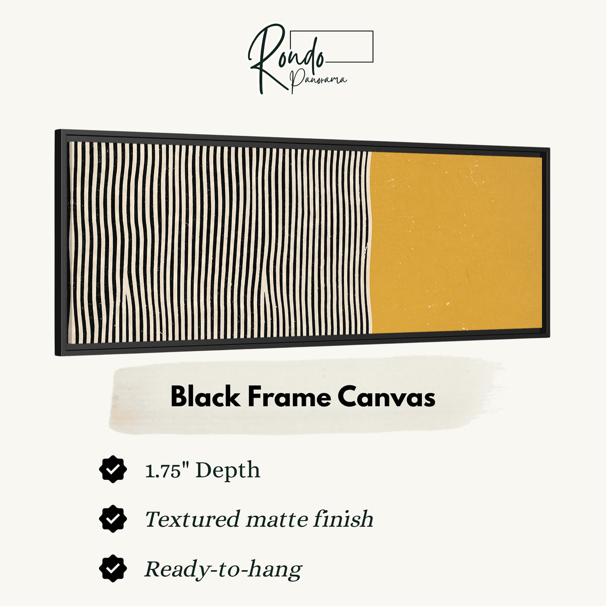 Black wavy stripes beside a mustard block canvas print in a black floating frame