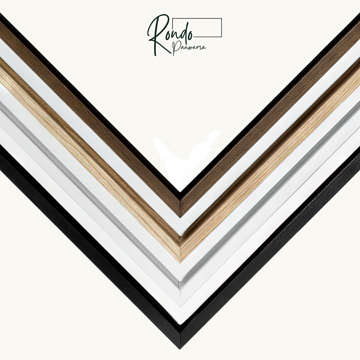 Floating frame color options: black, white, light wood and dark wood