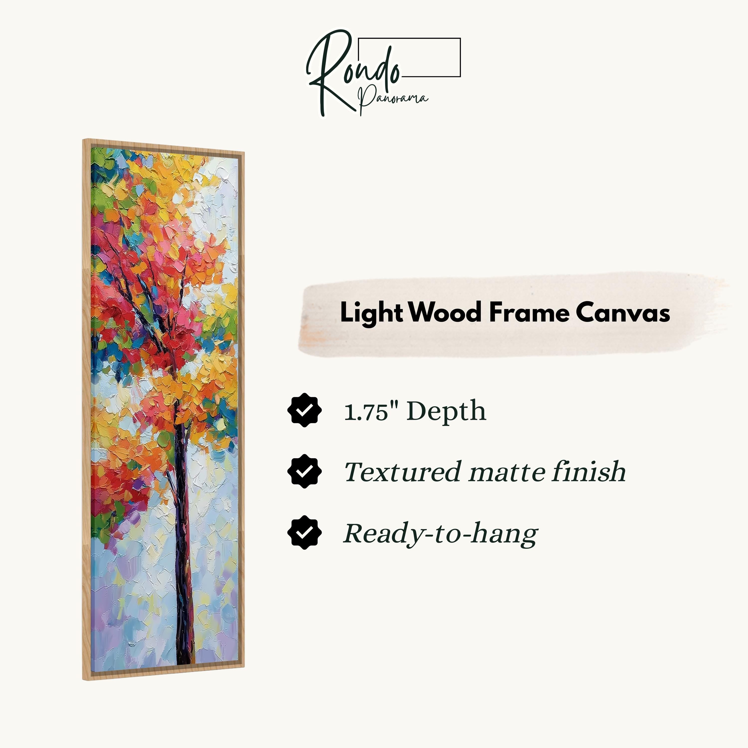 The image is a vertical advertisement for a light wood frame canvas. It features a colorful painting of a tree with vibrant leaves, and provides details about the product, including its dimensions, finish, and hanging capabilities.