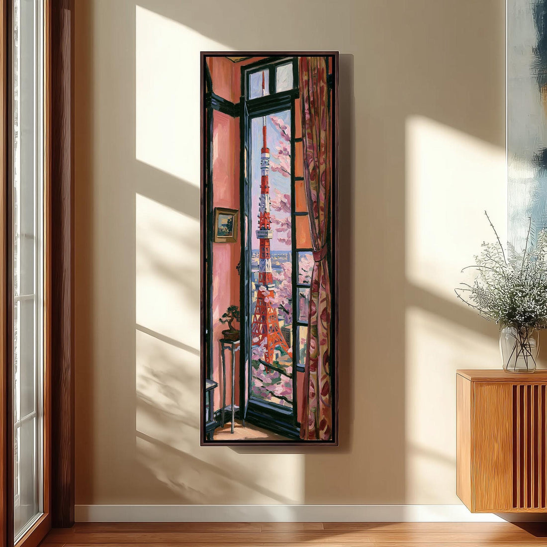 Tokyo Tower and cherry blossoms through a tall window long vertical canvas print in a sunlit living space