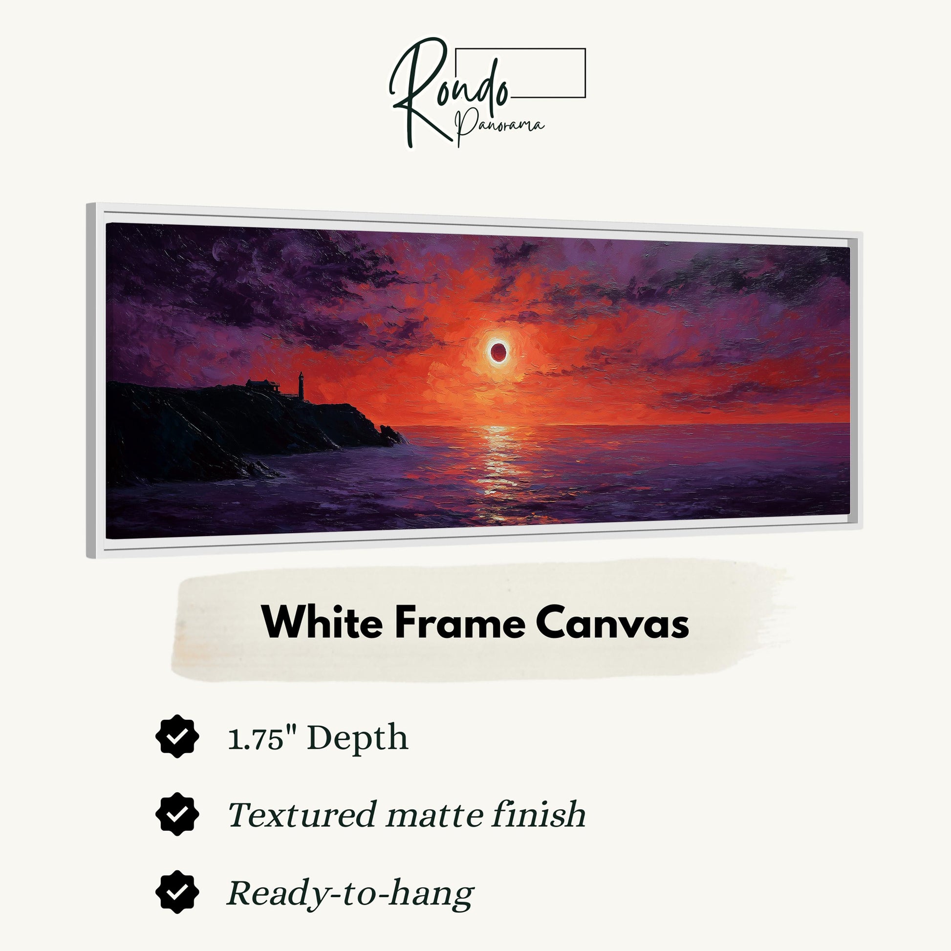 The image is a white frame canvas depicting a sunset over the ocean.