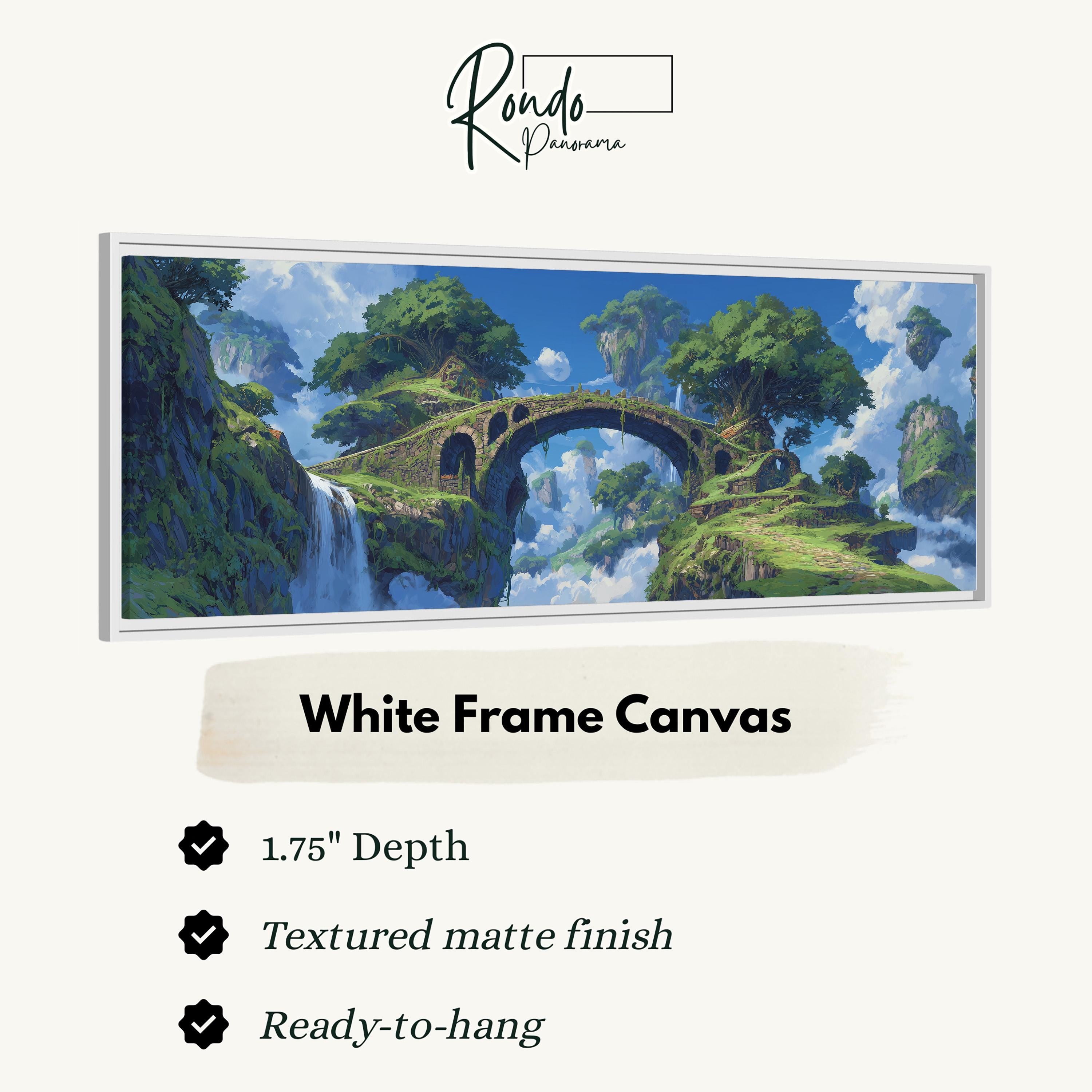 The image is a white frame canvas depicting a lush, green landscape with a waterfall and a bridge.