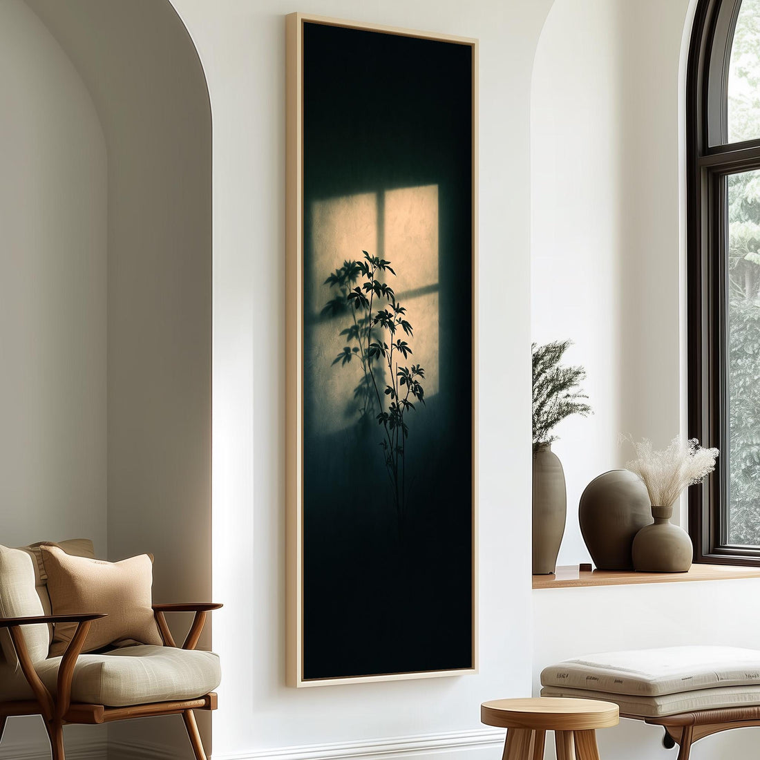 Plant silhouette in a beam of window light long vertical canvas print in a sunlit living space